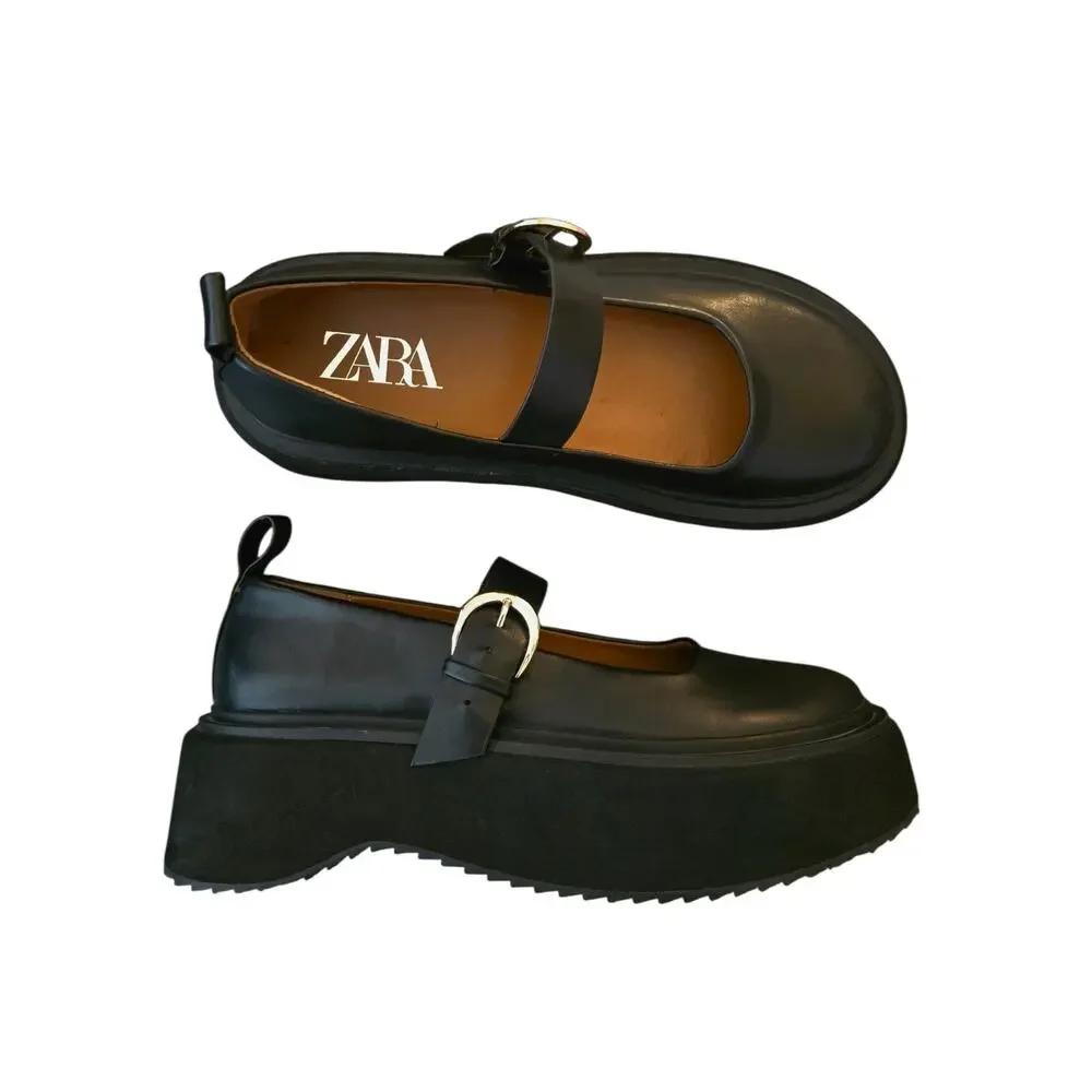 Edgy Dark Academia Chunky Platform Mary Jane Black 37/7 Buckle Soft Goth Zara